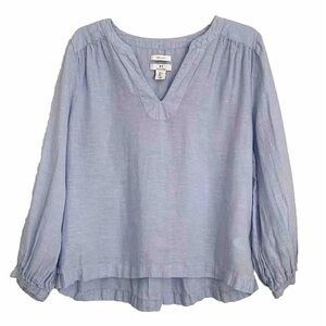 H by Halston 100% Linen Coastal Blue Peasant Blouse Top V-neck Long Sleeve Sz L